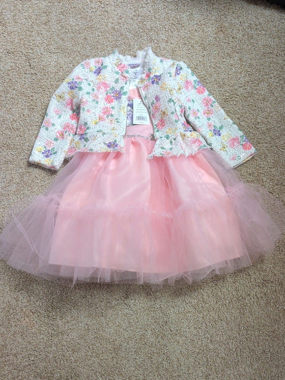 Floral Tweed Jacket with Pink Tulle Dress